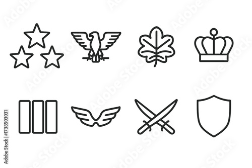 Military Rank Icons. Outline icon set of officer ranks: star cluster, eagle, oak leaf, crown, bars, wings, crossed sabers, shield. Line icons in only black