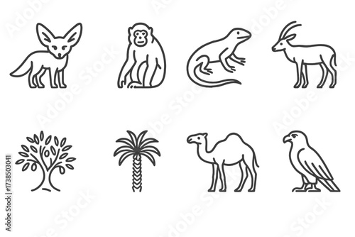 Algerian Wildlife Icons. Outline icon set of Algerian wildlife: Fennec fox, Barbary macaque, Desert lizard, Saharan antelope, Olive tree, Date palm, Sahara
