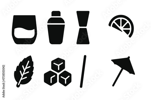 Rum Accessories Icons. Solid, filled icon set of rum accessories: rum glass, cocktail shaker, jigger, lime wedge, mint leaf, ice cubes, straw, umbrella