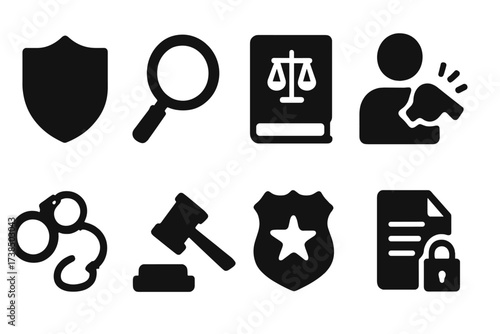Anti-Corruption Icon Set. Solid, filled icon set of anti-corruption measures: shield, magnifying glass, law book, whistleblower, handcuffs, gavel, police