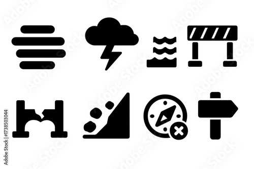 Navigation Hazard Icons. Solid, filled icon set of navigation hazards: fog, storm cloud, rough sea, roadblock, broken bridge, landslide, compass error, dead
