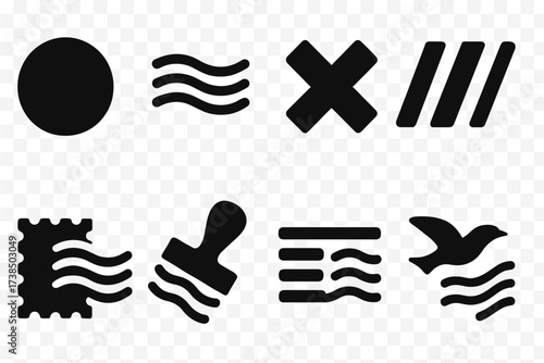 Stamp Cancellation Icons. Solid, filled icon set of cancellation styles: circular date stamp, wavy lines, cross mark, diagonal bars, machine cancel, hand