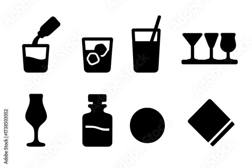Black Icon Grid. Solid, filled icon set of old fashioned serving styles: neat pour, on the rocks, stirred drink, cocktail flight, tasting glass, whiskey