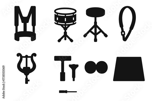 Military Drum Icons. Solid, filled icon set of military drum setup: harness, drum stand, drum throne, carrying strap, music holder, tuning tools, mufflers,
