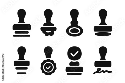 Stamp Actions Icons. Solid, filled icon set of stamp actions: stamping, pressing, sealing, imprinting, marking, signing, validating, certifying. [Line icons in