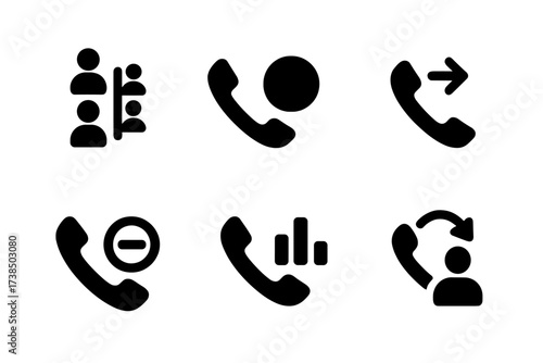 Call Management Icons. Solid, filled icon set of call management: call queue, call recording, call forward, do not disturb, call analytics, call log, contact