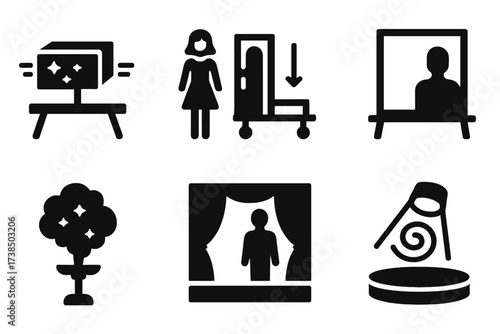 Stage Illusion Icon Set. Solid, filled icon set of stage illusions: levitating box, vanishing assistant, trapdoor platform, fake mirror, smoke reveal, curtain