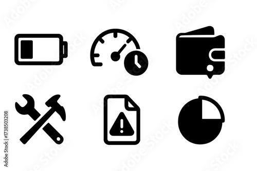 Resource Limitation Icons. Solid, filled icon set of resource limitation: battery low, empty fuel gauge, clock with stop sign, wallet with hole, crossed tools,