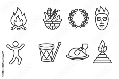 Pagan Celebration Icons. Outline icon set of pagan celebrations: bonfire, harvest basket, wreath, mask, dancing figure, drum, feast, sacred fire. [Line icons