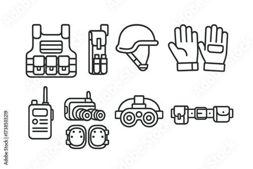 Combat Gear Icon Set. Outline icon set of bazooka combat gear: tactical vest, ammo pouch, helmet, gloves, communication radio, night vision, knee pads, utility