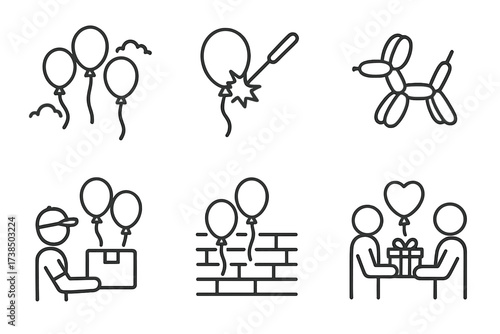 Balloon Activity Icons. Outline icon set of balloon activities: balloon release, balloon popping, balloon twisting, balloon floating, balloon delivery, balloon