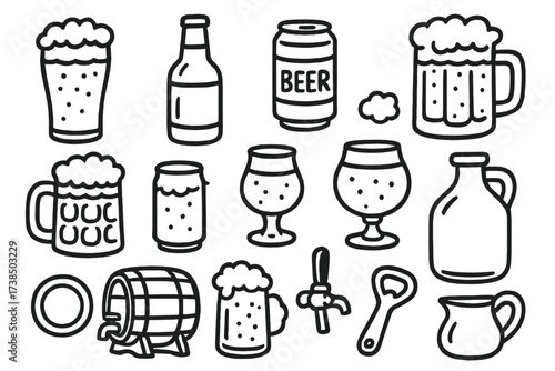 Beer Styles Illustration. Hand-drawn doodle illustration Beer styles pint glass, bottle, can, mug, stein, tulip glass, snifter, goblet, barrel, growler, tap,