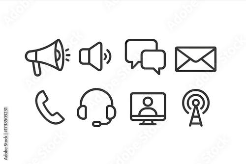 Communication Tools Icons. Outline icon set of communication tools: megaphone, loudspeaker, chat bubbles, mail envelope, phone, headset, video call, broadcast