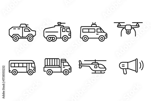 Riot Control Vehicles Icons. Outline icon set of riot control vehicles and support: armored personnel carrier, water cannon truck, police van, surveillance