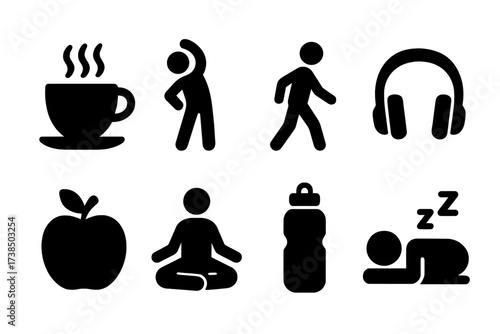 Study Break Symbols. Solid, filled icon set of study breaks: coffee cup, stretching, walk, music headphones, snack, meditation, water bottle, nap. Solid,