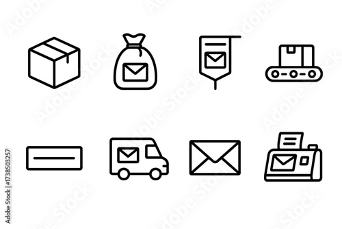 Postal Logistics Icons. Outline icon set of postal logistics: parcel box, mailbag, post office sign, sorting conveyor, mailbox slot, post truck, letter