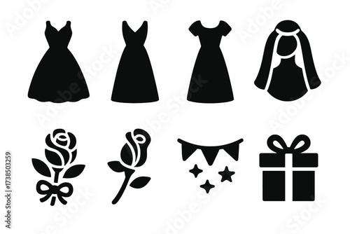 Event Icons Grid. Solid, filled icon set of satin events: wedding dress, prom gown, evening wear, bridal veil, corsage, boutonniere, party decoration, gift