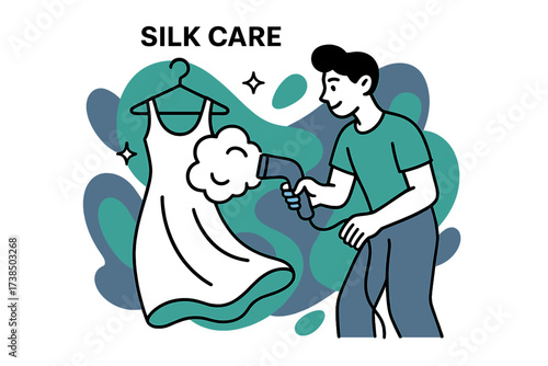 Silk Dress Steaming. Silk care. A person steaming a silk dress, soft clouds floating up with sparkles showing delicacy and maintenance. Abstract smooth shapes