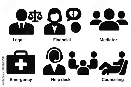 Support Services Icons. Solid, filled icon set of loss support: legal advisor, financial consultant, therapist, mediator, emergency kit, help desk, support