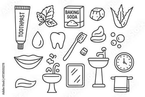 Natural Toothpaste Elements. Hand-drawn doodle illustration natural toothpaste ingredients toothpaste tube, mint leaf, baking soda, charcoal, aloe leaf, water