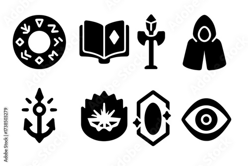 Arcane Guardian Icons. Solid, filled icon set of arcane guardians: rune circle, floating book, staff sentinel, cloak watcher, magic anchor, spell trap,