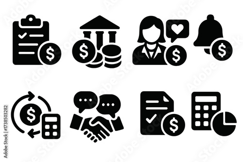 Debt Recovery Icons. Solid, filled icon set of late payment recovery steps: payment plan, debt consolidation, financial counseling, reminder setup, automatic