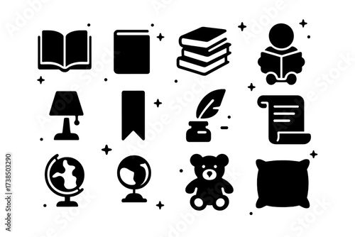Storytime Icon Collection. storytime and books. Solid icons set of storytime and books: open book, closed book, book stack, reading child, lamp, bookmark,