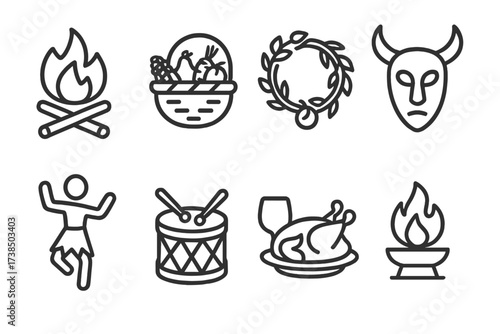 Pagan Celebration Icons. Outline icon set of pagan celebrations: bonfire, harvest basket, wreath, mask, dancing figure, drum, feast, sacred fire. [Line icons