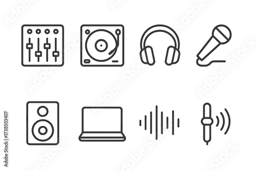 Live Performance Icons. Outline icon set of live performance tools: mixer, turntable, headphones, microphone, speaker, laptop, sound wave, volume control. Line