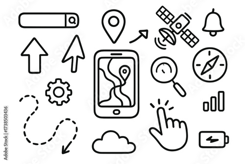 Navigation Icons Doodle. Hand-drawn doodle illustration digital direction smartphone, GPS app, map pin, arrow, search bar, satellite, route line, compass,