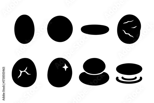 Hot Stone Icons. Solid, filled icon set of hot stone textures and shapes: oval stone, round stone, flat stone, textured stone, smooth stone, stone with cracks,