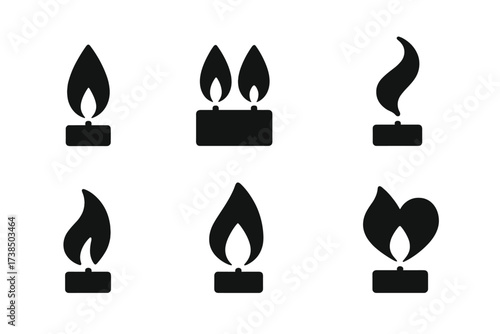Candle Flame Icons. Solid, filled icon set of candle flames: single flame, double flame, flickering flame, extinguished flame, wind-blown flame, small flame,