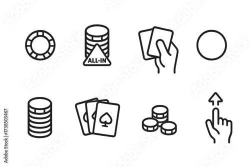 Poker Icon Set. Outline icon set of poker unlimited betting: betting chips, all-in stack, player hand, dealer button, pot stack, open cards, chip pile, raise
