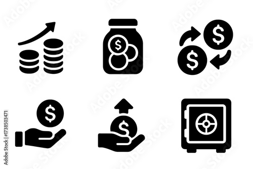 Coin Economy Icons. Solid, filled icon set of coin economy: coin stack growth, coin jar savings, coin purse, currency exchange, coin deposit, coin with arrow