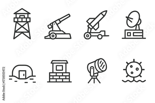 Coastal Defense Icons. Outline icon set of coastal defense installations: watchtower, coastal artillery gun, missile launcher, radar station, bunker,