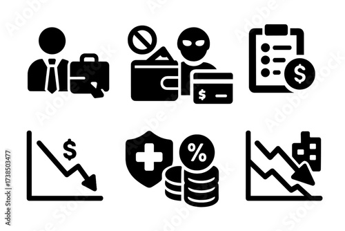 Financial Trouble Icons. Solid, filled icon set of financial trouble causes: job loss, overspending, fraud, poor budgeting, economic downturn,
