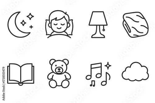 Bedtime Story Icons. Outline icon set of bedtime storybook: moon and stars, sleeping child, night lamp, cozy blanket, storybook, teddy bear, lullaby music