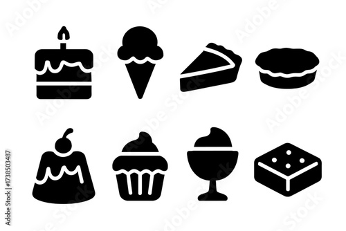 Dessert Icon Set. Solid, filled icon set of dessert types: cake, ice cream, pie, tart, pudding, cupcake, mousse, brownie. Line icons in only black color. All