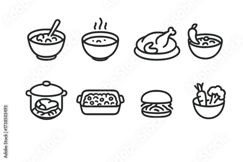 Slow Cooker Icon Set. Outline icon set of slow cooker meals: stew, soup bowl, roast chicken, chili, pot roast, casserole, pulled pork, vegetable medley. Line