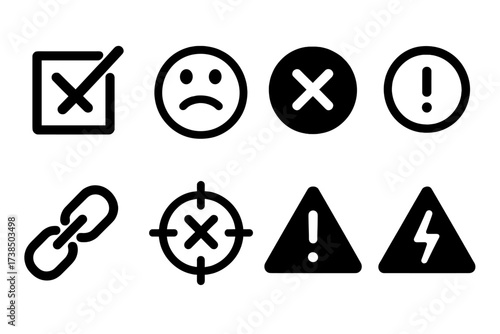 Incorrect Choice Icons. Solid, filled icon set of incorrect choice: wrong box ticked, confused emoji, failed mark, red cross, alert icon, broken link, missed