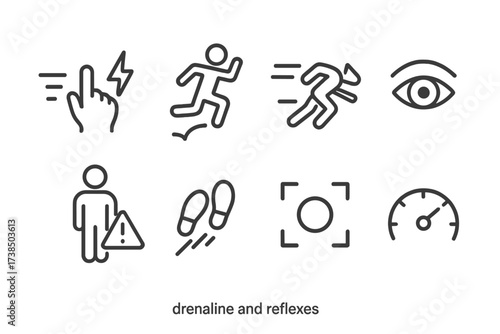 Adrenaline Icon Set. Outline icon set of adrenaline and reflexes: fast reaction, jumping figure, quick dodge, sharp eyes, alert posture, running footsteps,