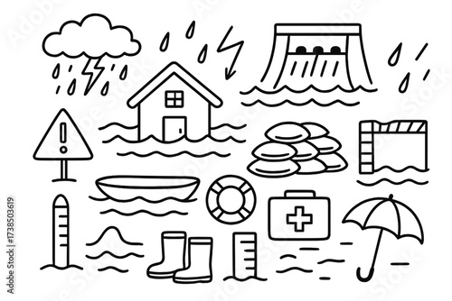 Flood Preparedness Icons. Hand-drawn doodle illustration Flood impact and risks flooded house, water waves, rain cloud, lightning, dam, river, sandbags, flood