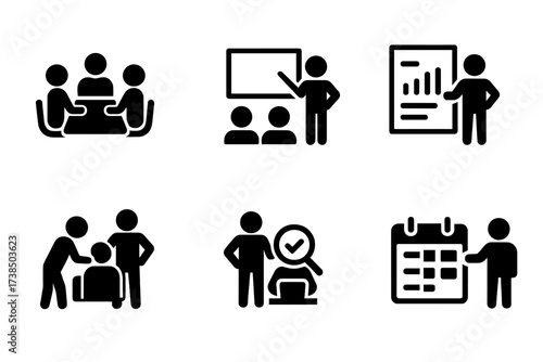 Staff Activity Icons. Solid, filled icon set of staff activities: meeting, training, reporting, assisting, supervising, inspecting, communicating, scheduling.