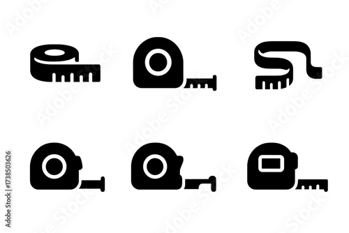 Measuring Tape Icons. Solid, filled icon set of measuring tape: tape measure, retractable tape, fabric tape, metal tape, digital tape, tape with lock, tape