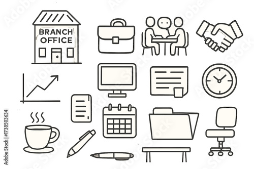 Business Doodle Icons. Hand-drawn doodle illustration business branch office building, briefcase, meeting, handshake, chart, computer, smartphone, document,