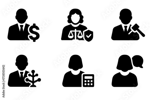 Bankruptcy Participants Icons. Solid, filled icon set of bankruptcy participants: debtor, creditor, judge, lawyer, trustee, accountant, court clerk, mediator.