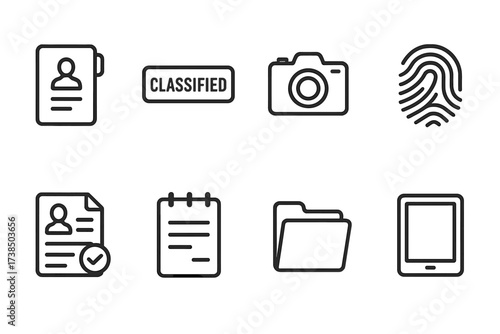 Outline Mission Icons. Outline icon set of mission documentation: dossier, classified stamp, camera photo, fingerprint, report, notepad, file folder, digital