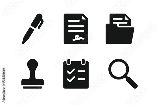 Agreement Icons Collection. Solid, filled icon set of agreement tools: pen, document, clipboard, contract folder, stamp, calendar, checklist, magnifying glass.