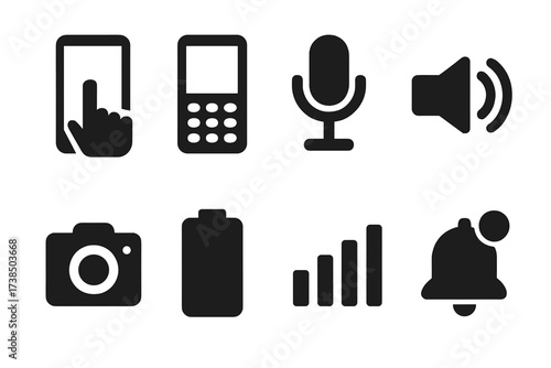 Phone Feature Icons. Solid, filled icon set of phone features: touchscreen, keypad, microphone, speaker, camera, battery, signal bars, notification. [Solid,