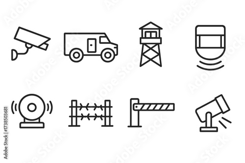 Mobile Security Icons. Outline icon set of mobile security: surveillance camera, armored vehicle, guard tower, motion sensor, alarm bell, security fence,